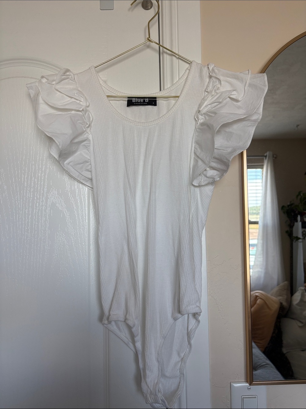 Blue B White Ruffle-Sleeve Ribbed Bodysuit — White